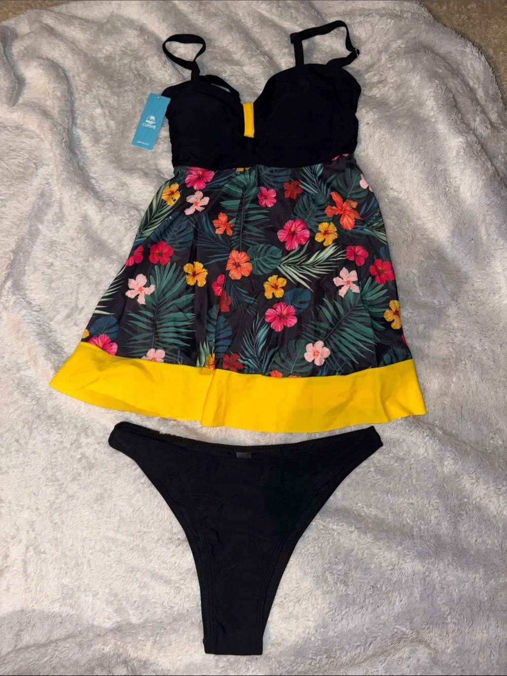 Cupshe Black Floral Tankini with Yellow Trim